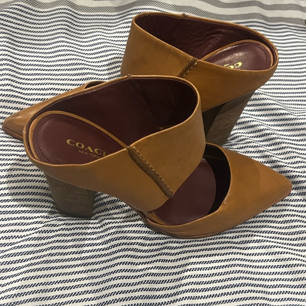Coach Women's “Fortune” Stacked Heeled Mules: Tan Size US 9